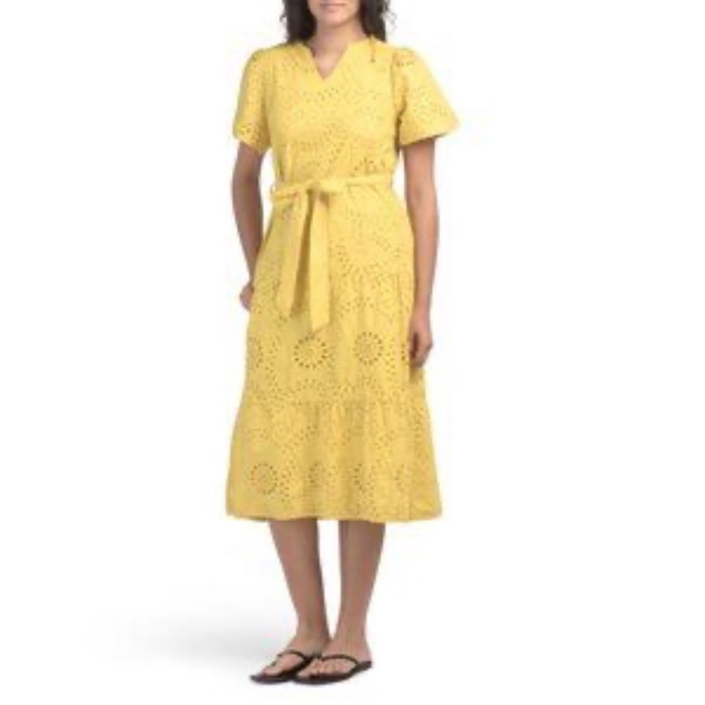 La Piccola Creativa Yellow Eyelet Midi Dress Made in Italy Size L